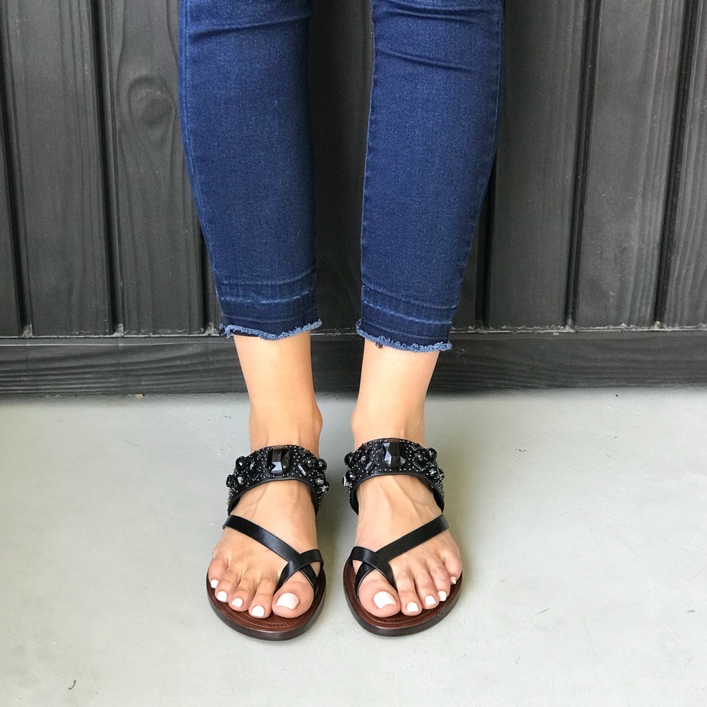 NIB Diamond Gem Leather Toe Ring Slide Sandal - Picture 1 of 8
